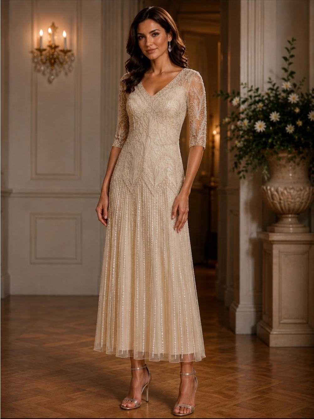 Pissarro Nights  Elegant Cream beaded elbow, sleeves A-Line Midi Dress